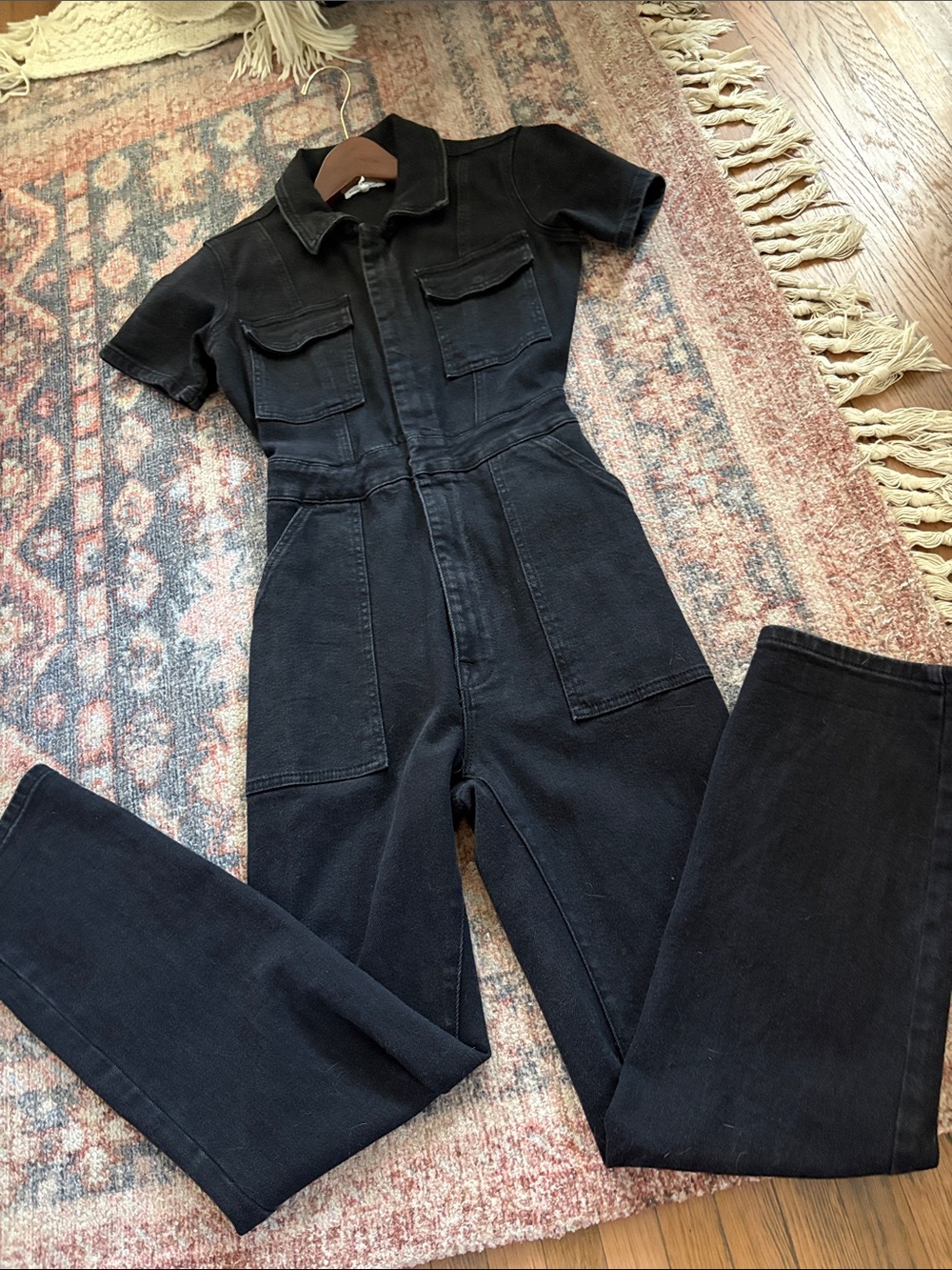 Good American Black Short-Sleeve Denim Overalls Jumpsuit